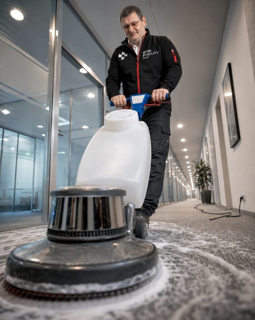 Teppich-Schaumreinigung mit Einscheibenmaschine in Berlin durch G+C Facility