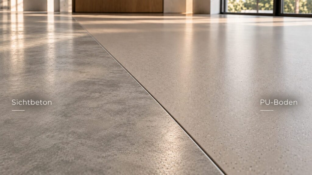 Gegossener Boden: Sichtbeton neben einer PU-Beschichtung