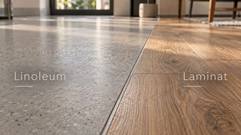 Verlegter Hartboden: Linoleum neben Laminat