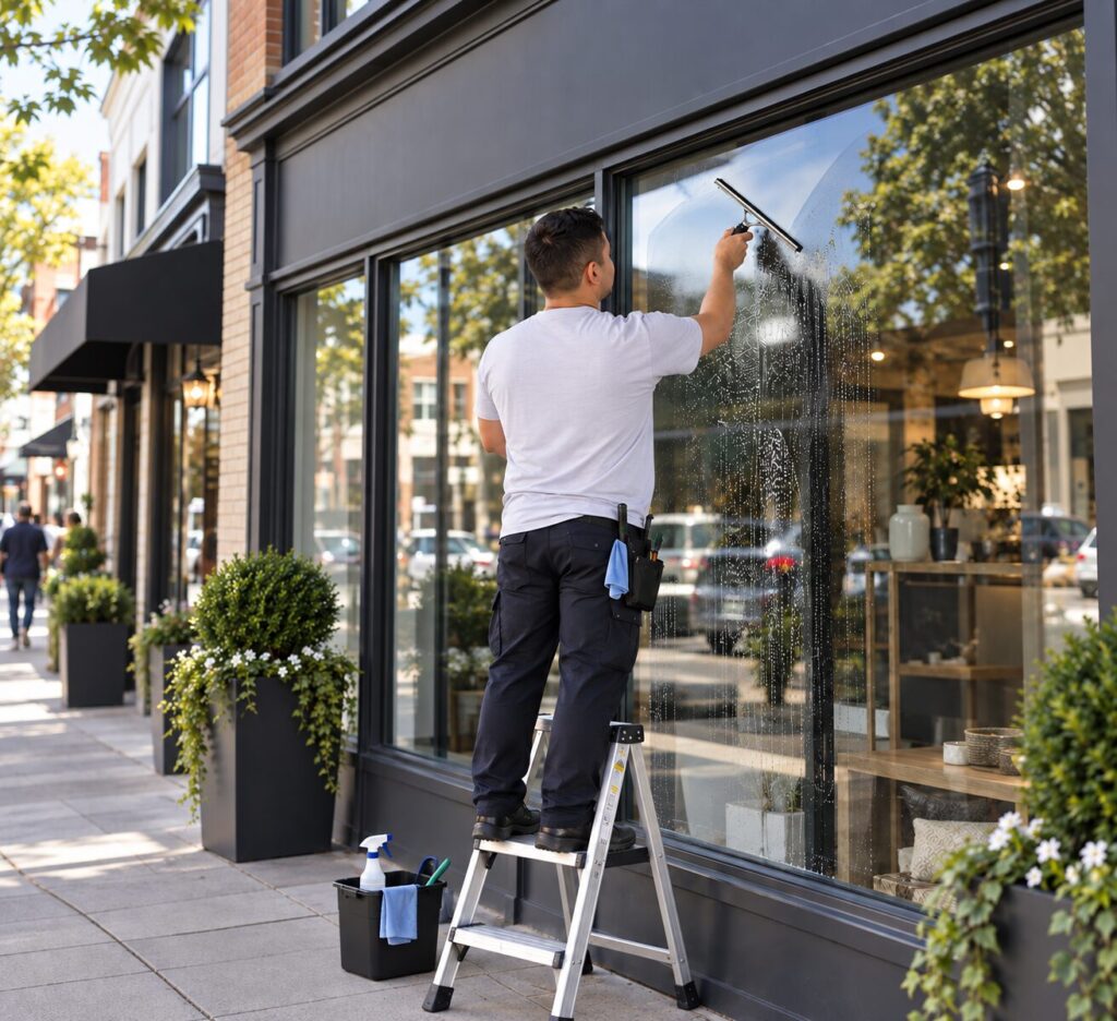 Ladengeschäft: Glasreiniger reinigt das Schaufenster mit dem Abzieher